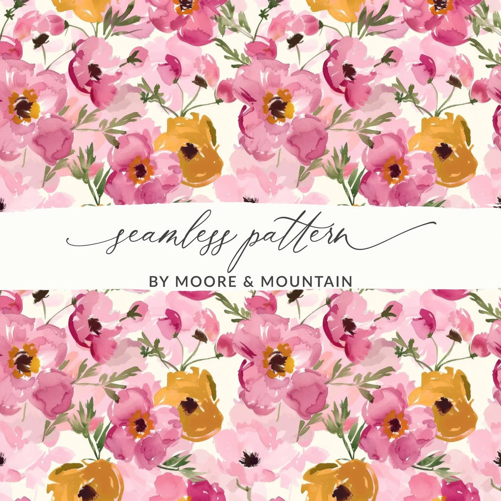 Floral Seamless Pattern, Watercolor Flower Digital Paper, Pink Yellow Blossom Design, Fabric Pattern Download, Scrapbook Paper - Moore and Mountain