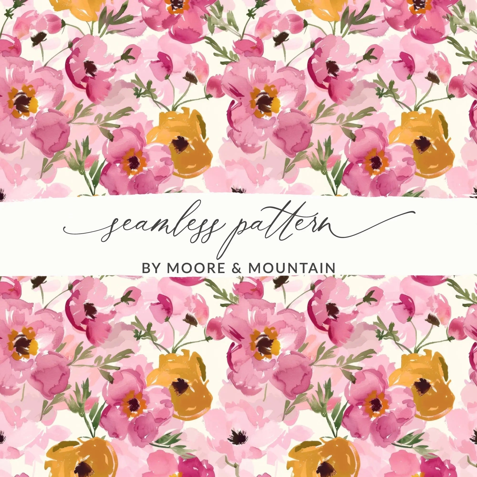 Floral Seamless Pattern, Watercolor Flower Digital Paper, Pink Yellow Blossom Design, Fabric Pattern Download, Scrapbook Paper - Moore and Mountain