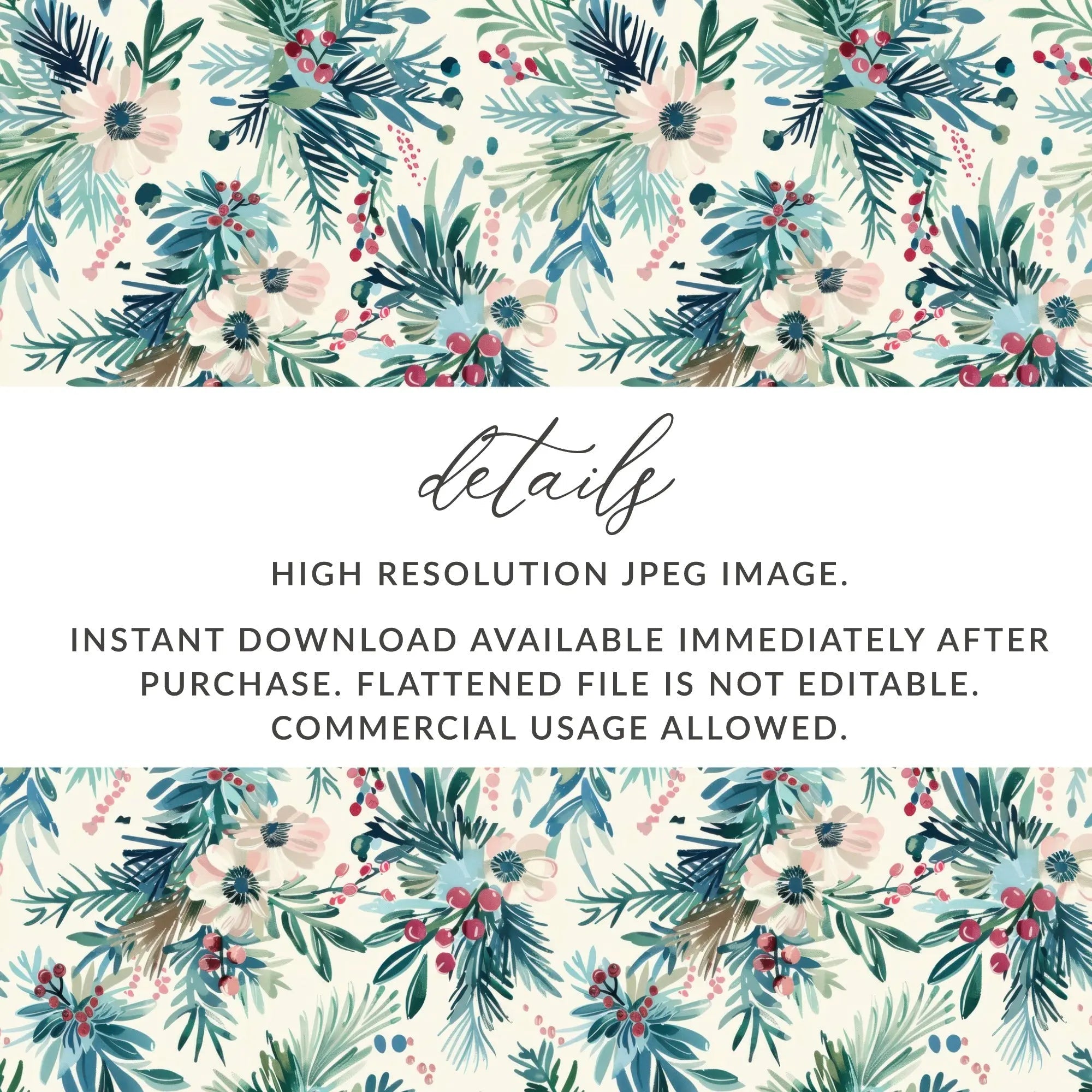 Floral Seamless Pattern, Winter Digital Paper, Christmas Digital Paper, JPEG Pattern, Fabric Design, Surface Pattern, Digital Download - Moore and Mountain