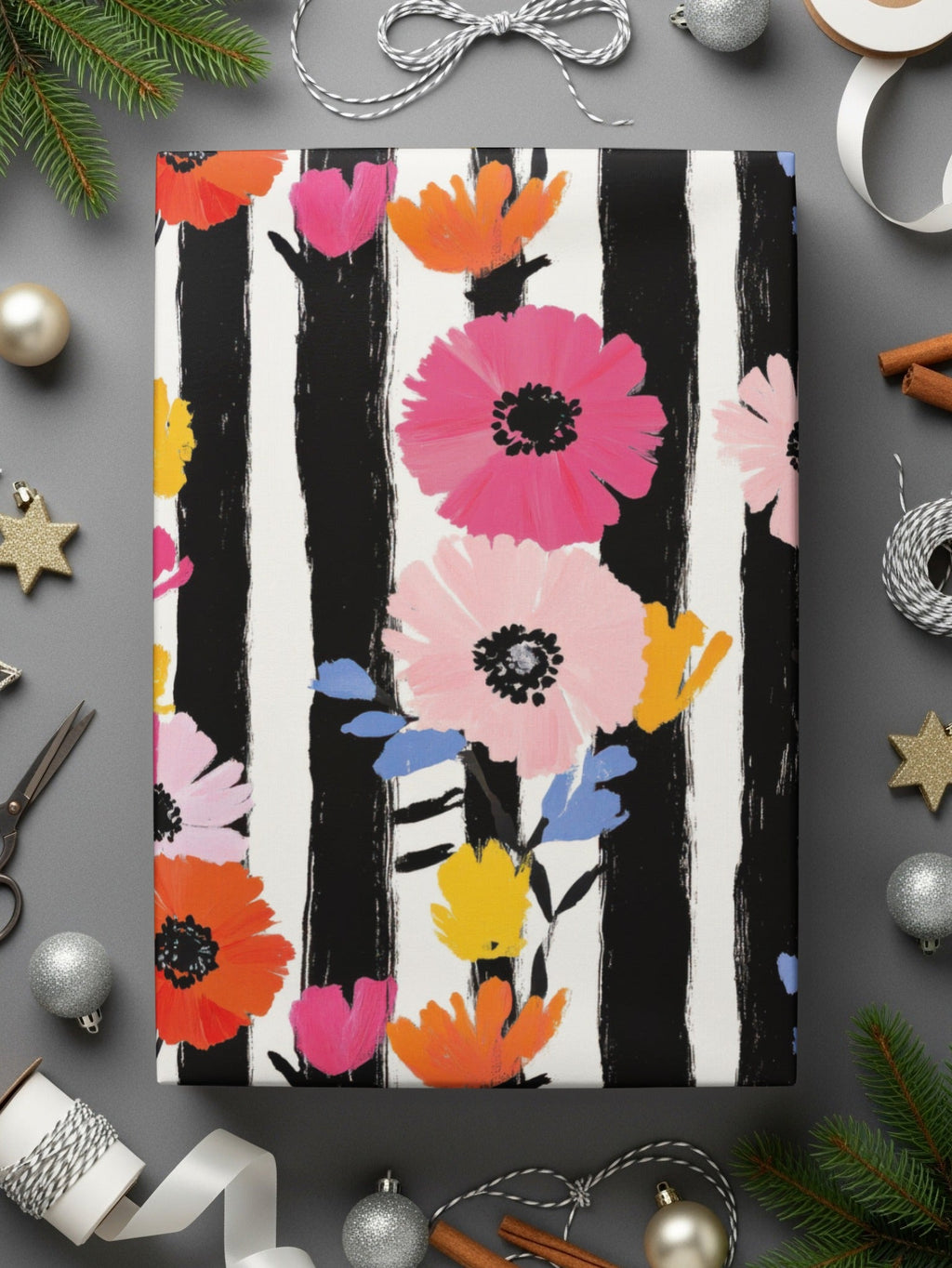 Floral Stripe Digital Paper, Modern Flower Pattern, Seamless Pattern, Colorful Flowers, Striped Background, Digital Download - Moore and Mountain