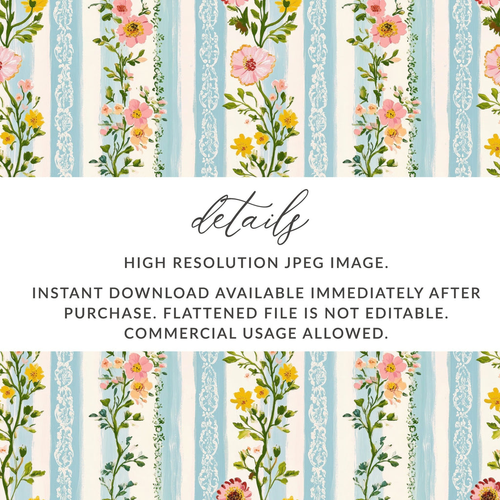 Floral Stripe Digital Paper, Seamless Flower Pattern, Blue Stripe Design, Pink Yellow Flowers, Digital Download, Scrapbooking Paper - Moore and Mountain