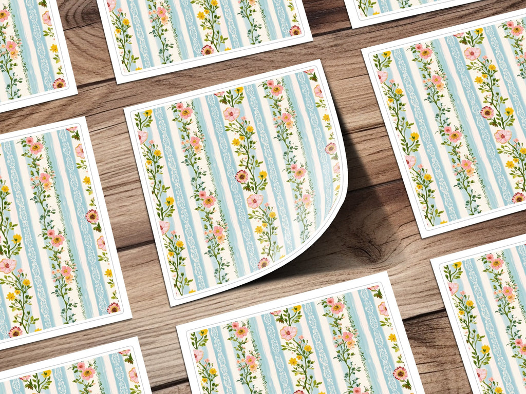 Floral Stripe Digital Paper, Seamless Flower Pattern, Blue Stripe Design, Pink Yellow Flowers, Digital Download, Scrapbooking Paper - Moore and Mountain