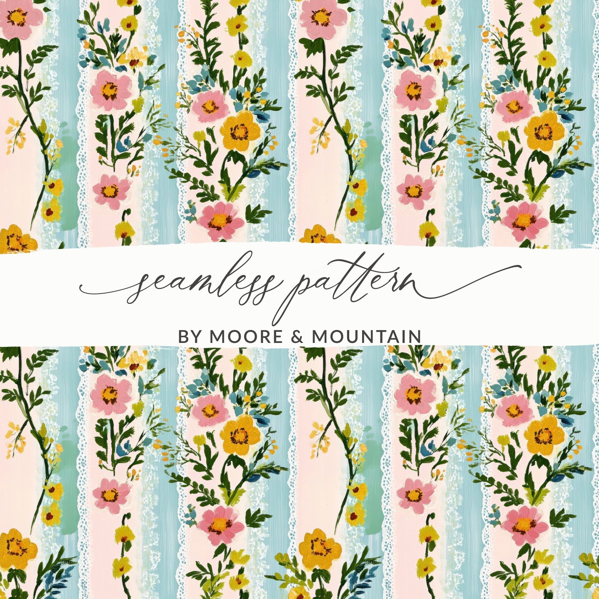 Floral Stripe Digital Paper, Seamless Flower Pattern, Vintage Floral, Shabby Chic Digital, Watercolor Flowers, Digital Fabric Design - Moore and Mountain