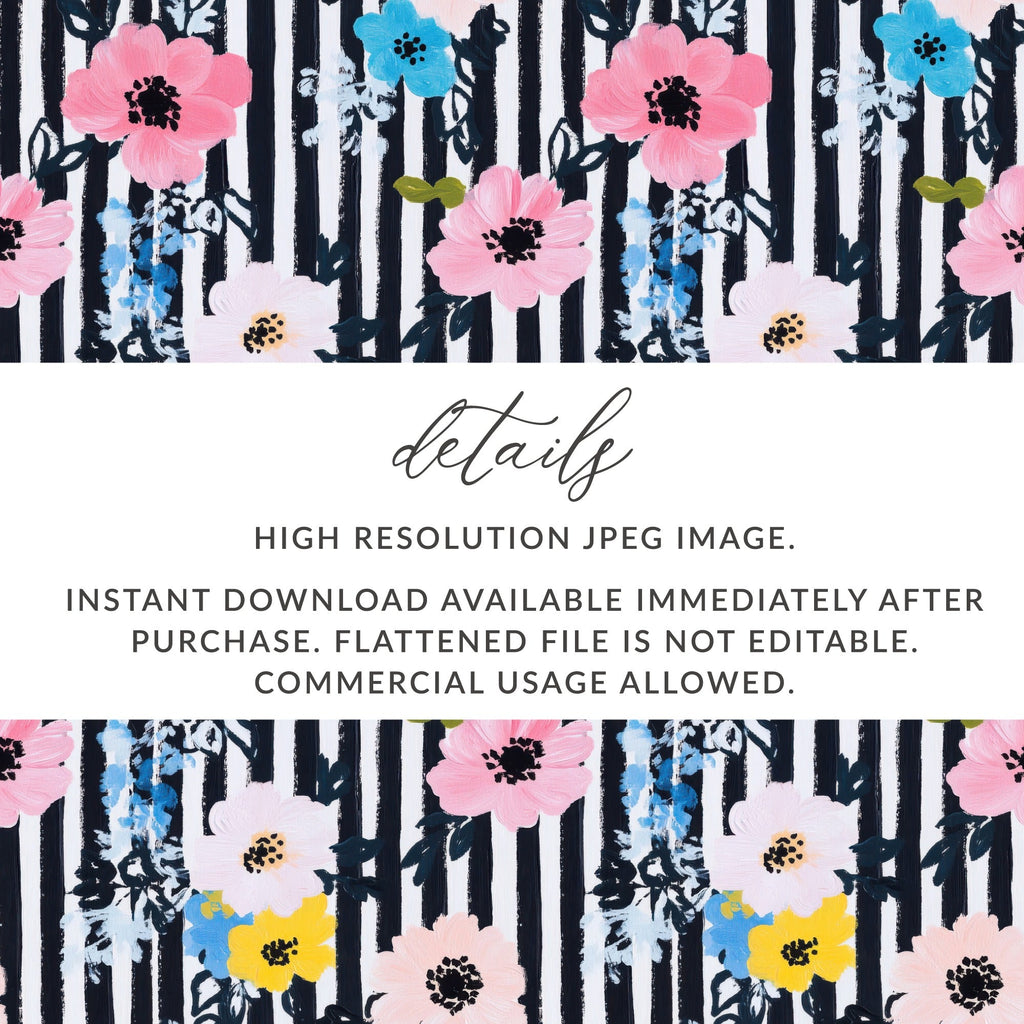 Floral Stripe Digital Paper, Seamless Pattern, Pink Blue Yellow Flowers, Digital Background, Printable Fabric Design, Digital Files - Moore and Mountain