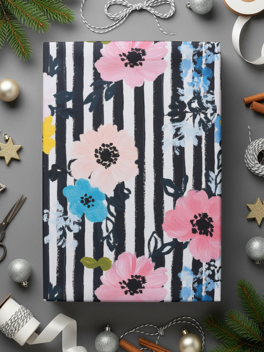 Floral Stripe Digital Paper, Seamless Pattern, Pink Blue Yellow Flowers, Digital Background, Printable Fabric Design, Digital Files - Moore and Mountain