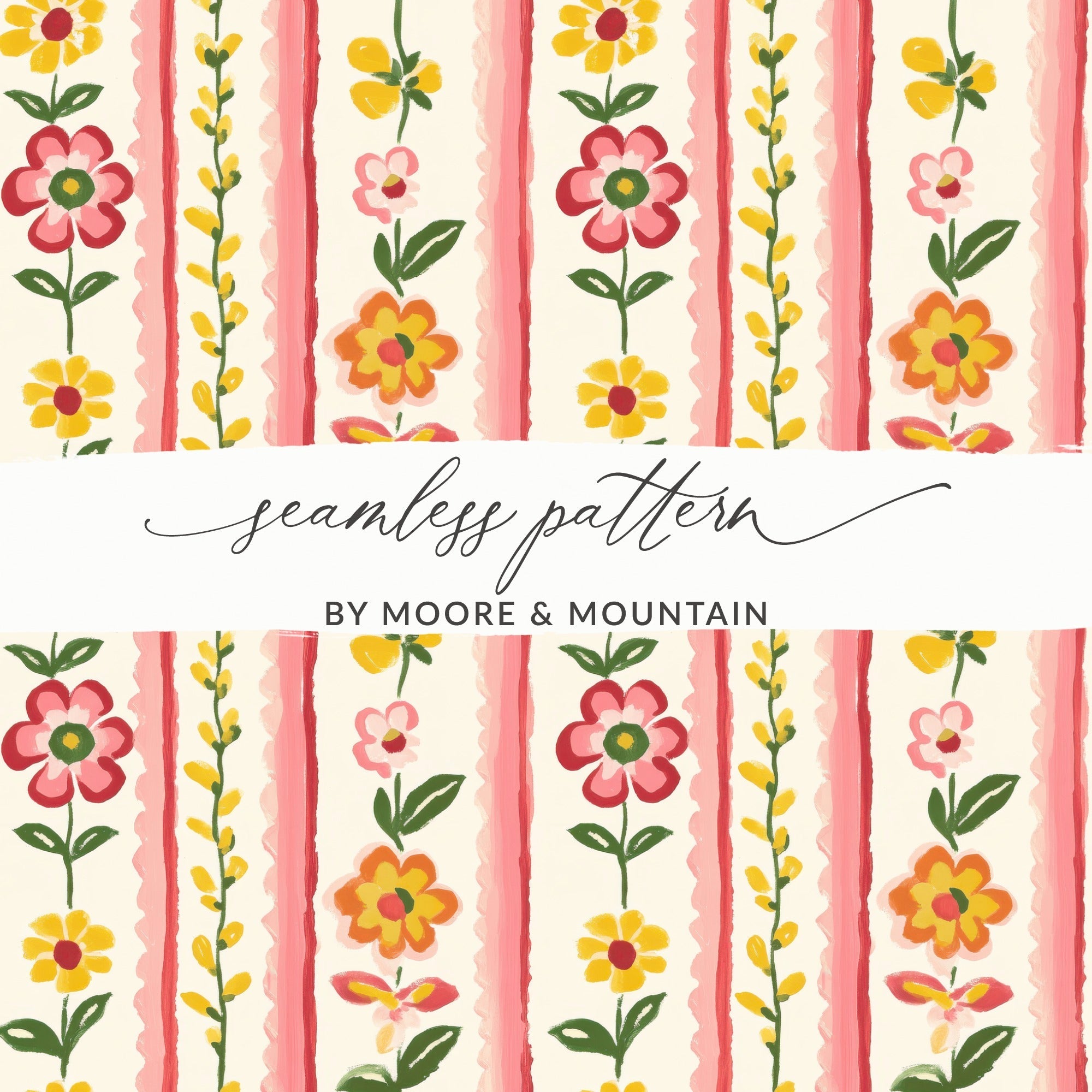Floral Stripe Digital Paper, Seamless Pattern, Vintage Flower Design, Scrapbook Paper, Fabric Print, Commercial Use - Moore and Mountain