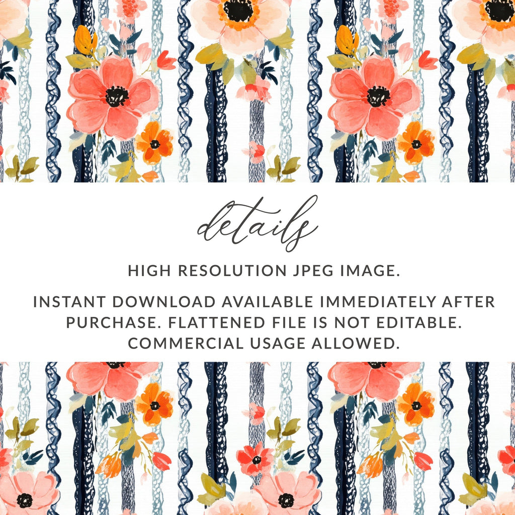 Floral Stripe Digital Paper, Seamless Pattern, Watercolor Flowers, Printable Fabric Design, Commercial Use, Digital Download - Moore and Mountain