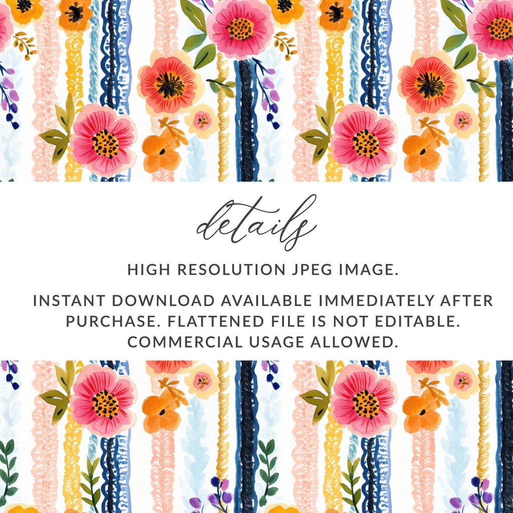 Floral Stripe Digital Paper, Watercolor Flower Seamless Pattern, Repeating Flower Design, Scrapbook Paper, Commercial Use Digital - Moore and Mountain