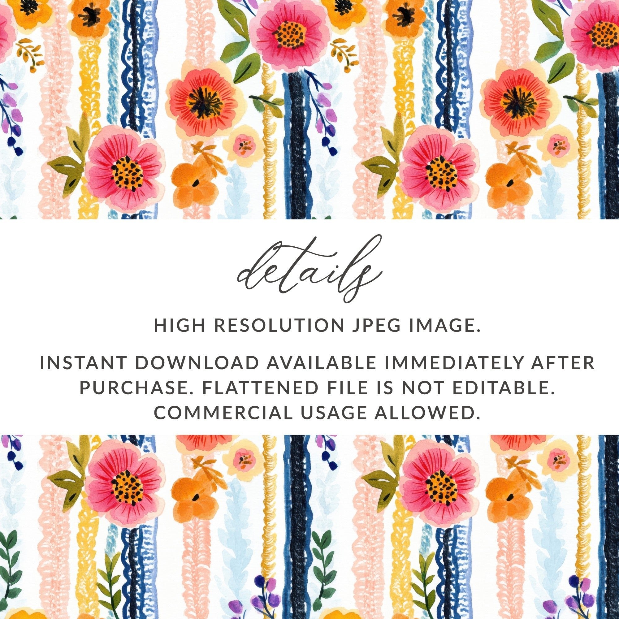 Floral Stripe Digital Paper, Watercolor Flower Seamless Pattern, Repeating Flower Design, Scrapbook Paper, Commercial Use Digital - Moore and Mountain