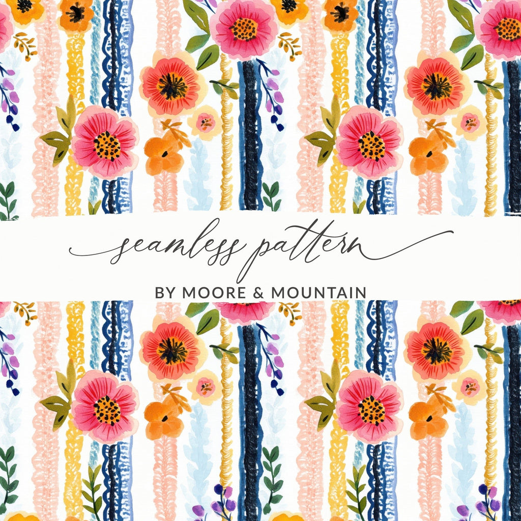 Floral Stripe Digital Paper, Watercolor Flower Seamless Pattern, Repeating Flower Design, Scrapbook Paper, Commercial Use Digital - Moore and Mountain