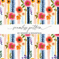 Floral Stripe Digital Paper, Watercolor Flower Seamless Pattern, Repeating Flower Design, Scrapbook Paper, Commercial Use Digital - Moore and Mountain