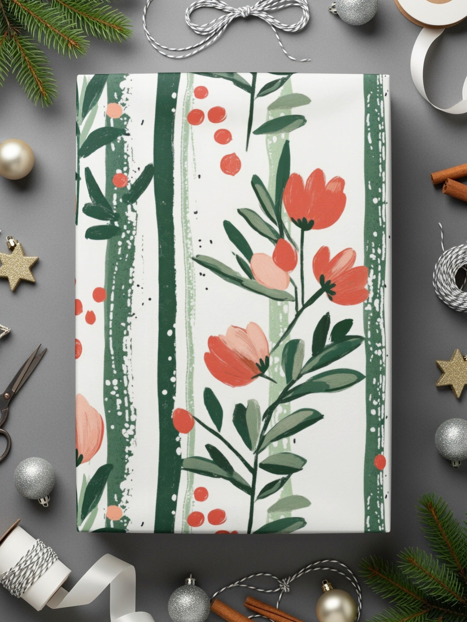 Floral Stripe Seamless Background Wallpaper Flower Stripes Modern Pattern Green and Orange Print - Moore and Mountain
