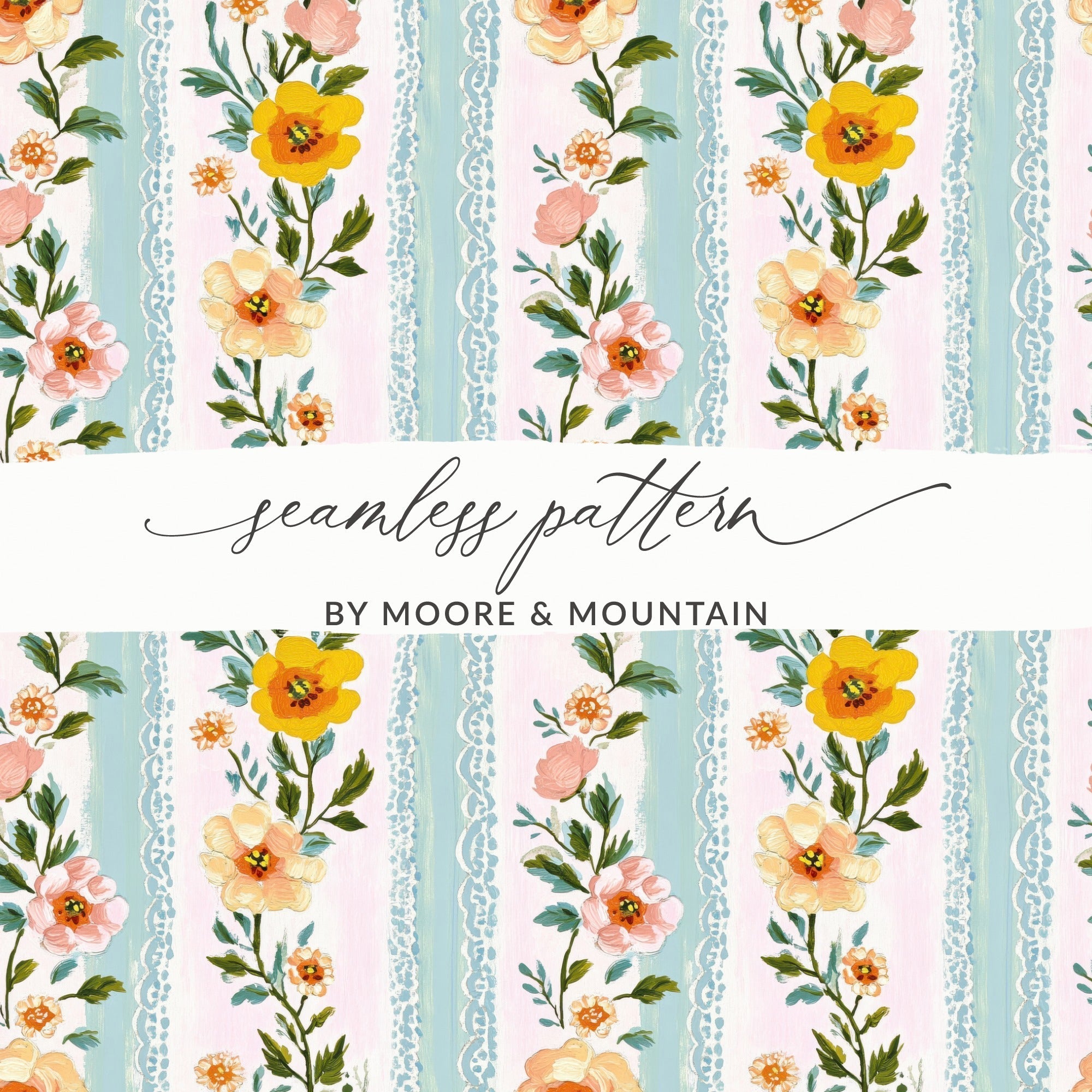 Floral Stripe Seamless Pattern Digital Paper, Shabby Chic Fabric Design, Cottagecore Print, Vintage Flower Digital Download, JPEG Files - Moore and Mountain