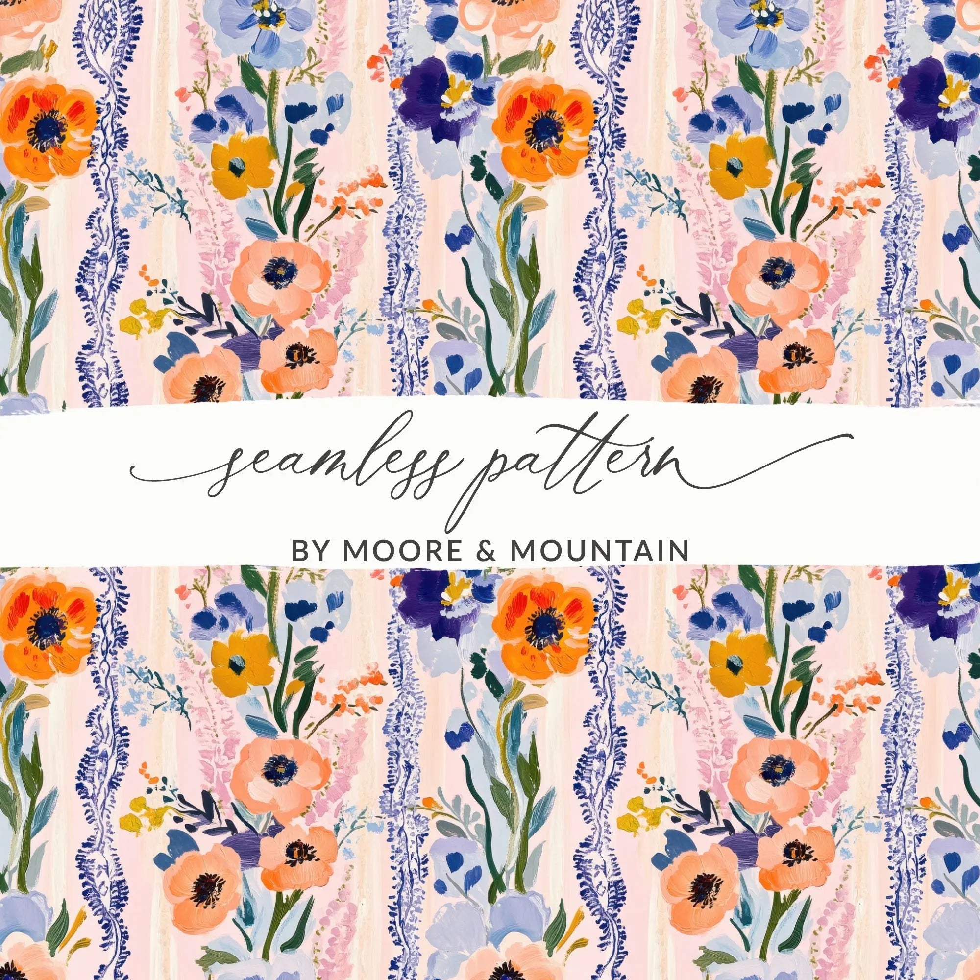 Floral Striped Wallpaper Seamless Pattern Digital, Anemone Flower Design, Pastel Repeat Pattern, Fabric Design, Vintage Floral Wallpaper - Moore and Mountain