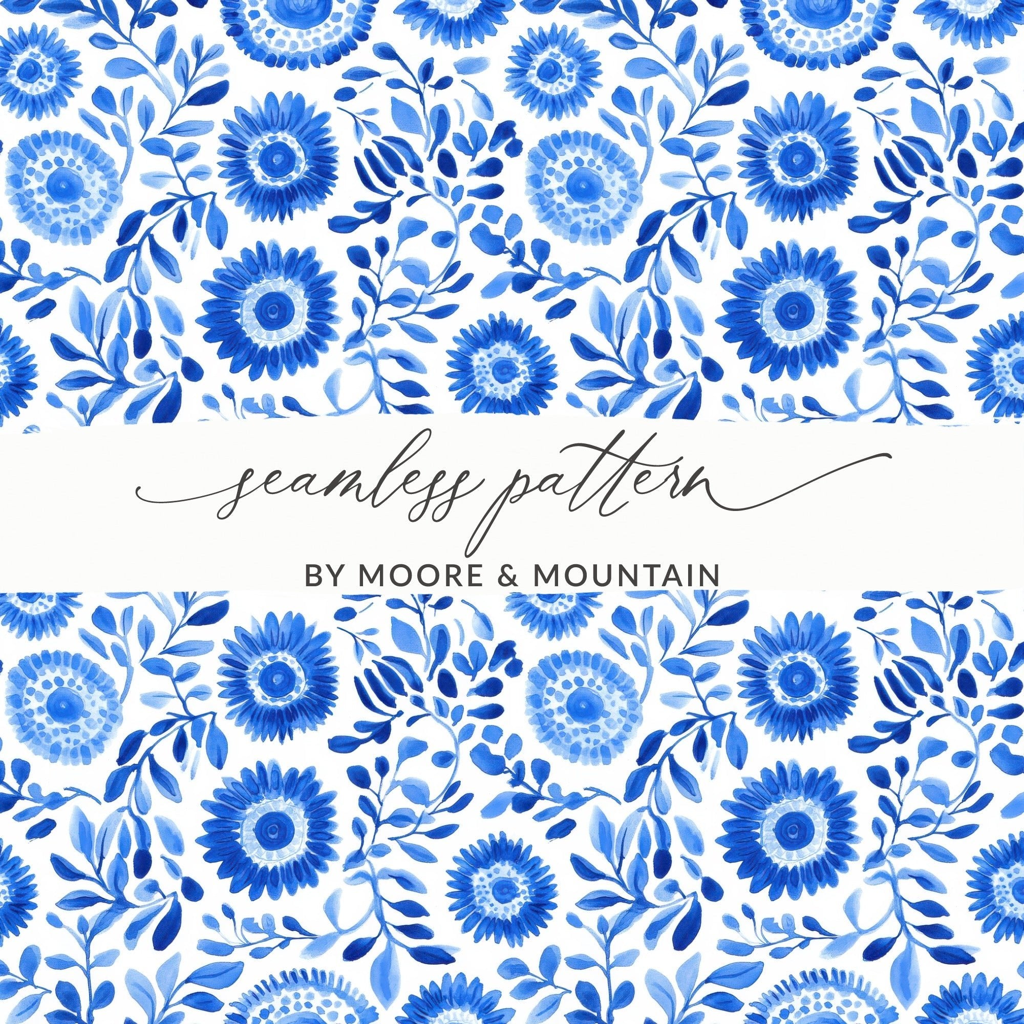 Floral Sunburst Painted Blue Flowers and Leaves Watercolor Seamless Pattern Digital - Moore and Mountain