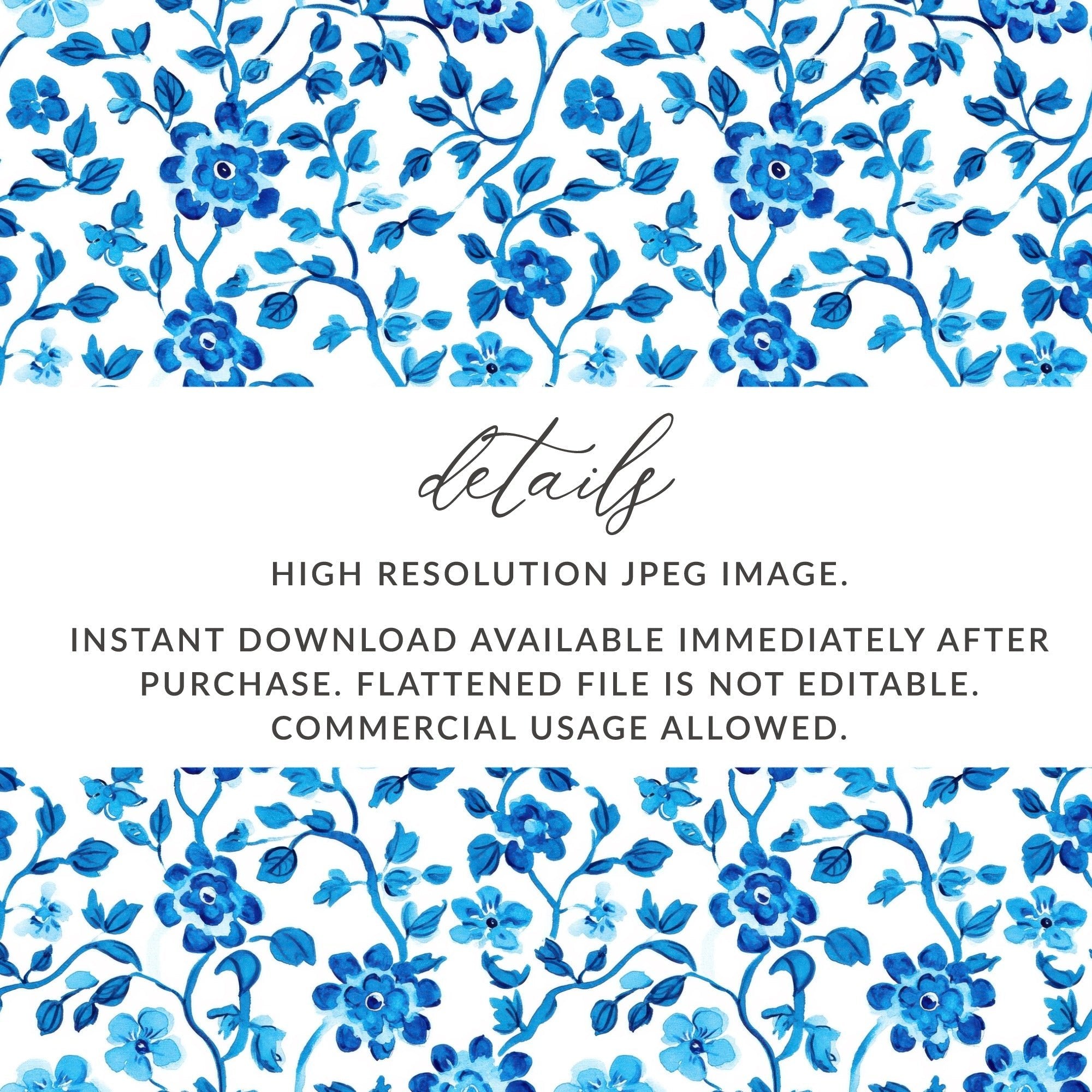 Floral Vines Watercolor Style Pattern Blue on White Digital - Moore and Mountain