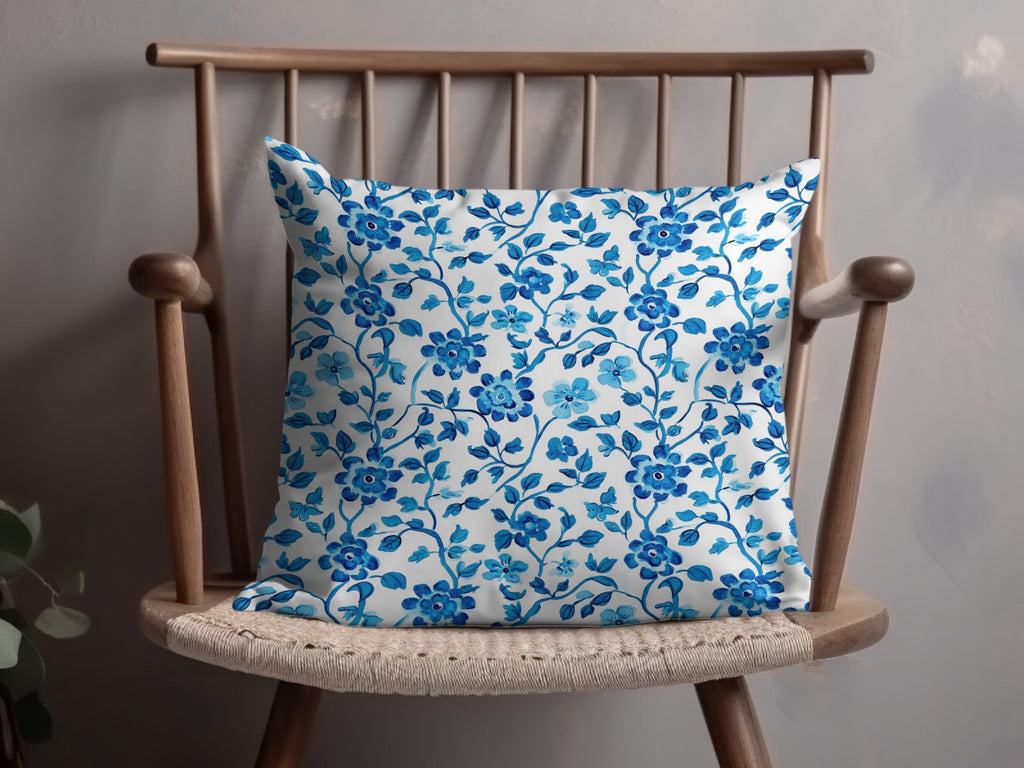 Floral Vines Watercolor Style Pattern Blue on White Digital - Moore and Mountain