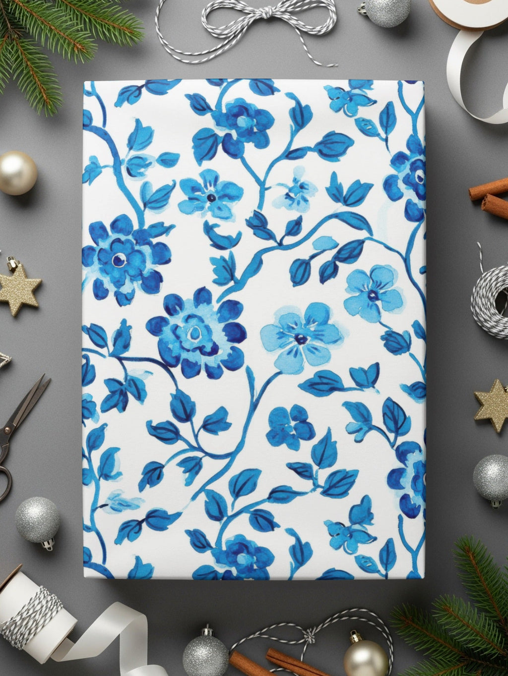 Floral Vines Watercolor Style Pattern Blue on White Digital - Moore and Mountain