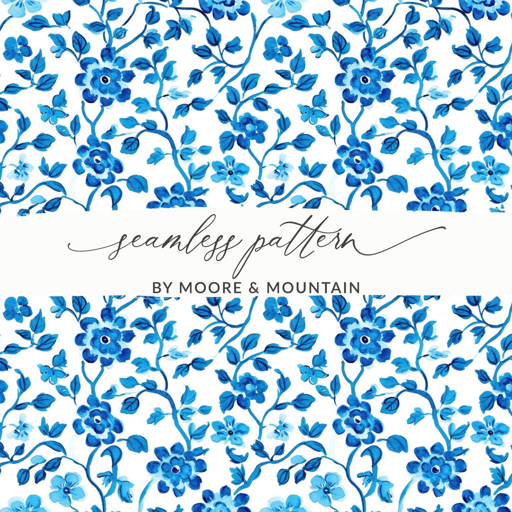 Floral Vines Watercolor Style Pattern Blue on White Digital - Moore and Mountain