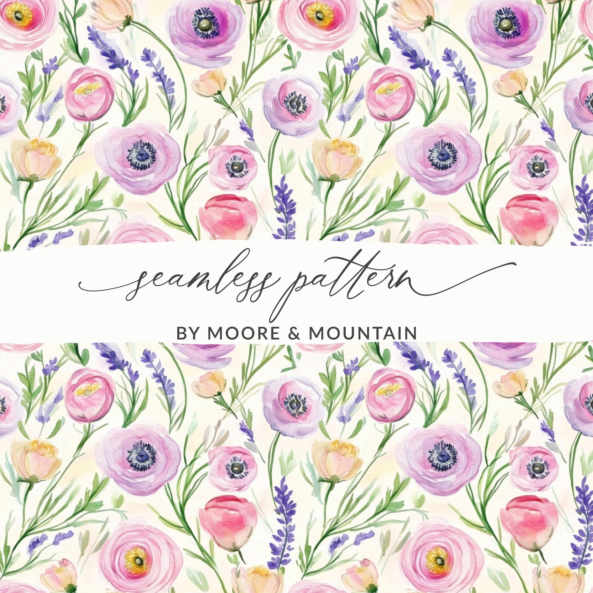 Floral Watercolor Pattern Repeating Surface Design for Fabric, Watercolor Purple Ranunculus - Moore and Mountain
