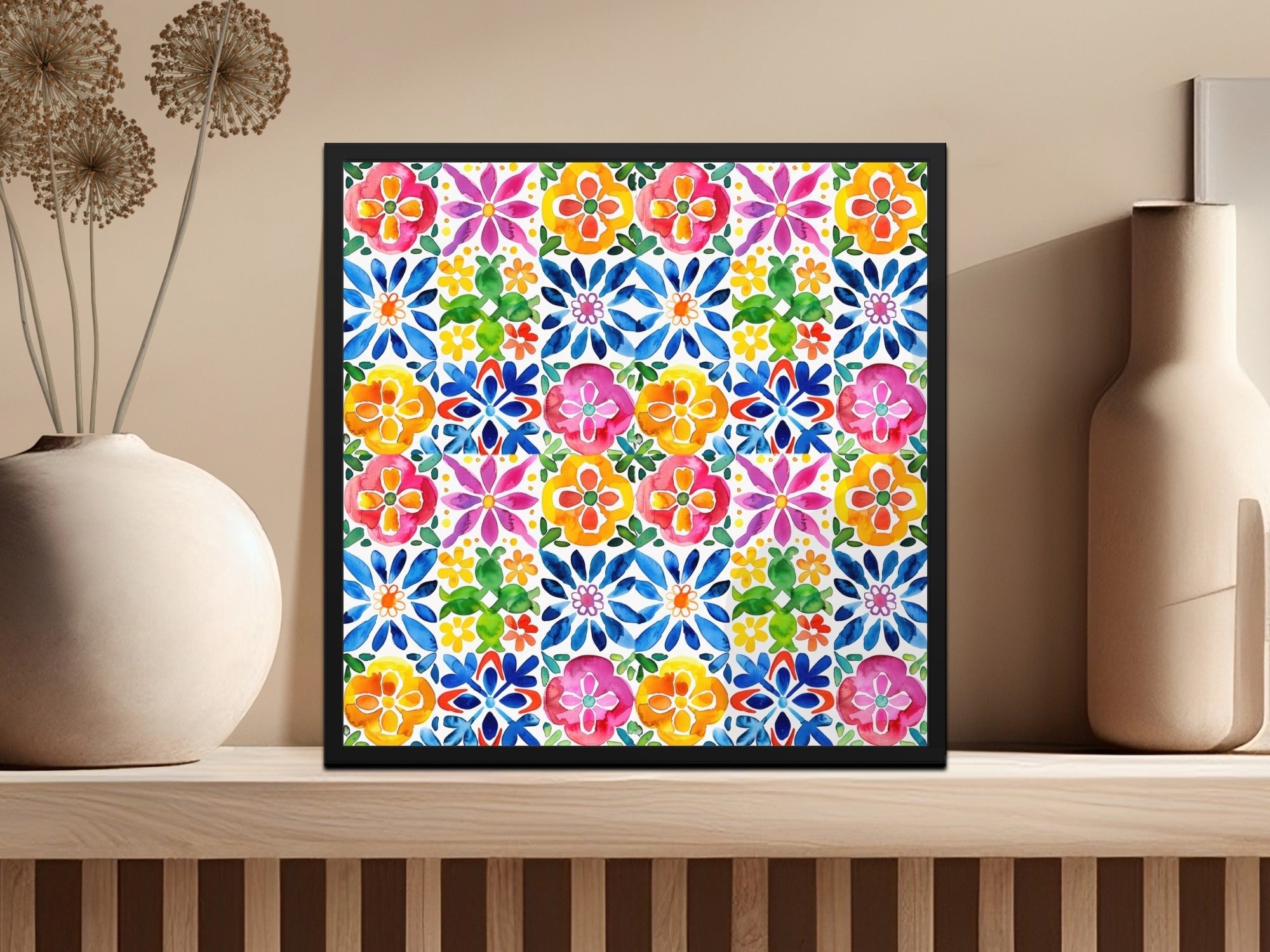 Floral Watercolor Seamless Pattern, Colorful Flower Tile Digital Paper Pack, Fabric Design Download, Mexican Talavera Floral, Digital - Moore and Mountain