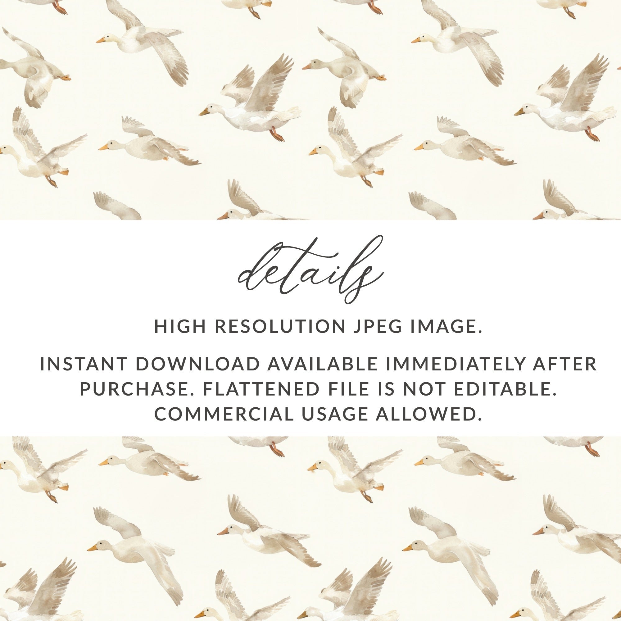 Flying Ducks Seamless Pattern, Digital Paper, Watercolor Ducks, Goose Print, Bird Repeat Pattern, Printable Fabric, Backgrounds Digital - Moore and Mountain
