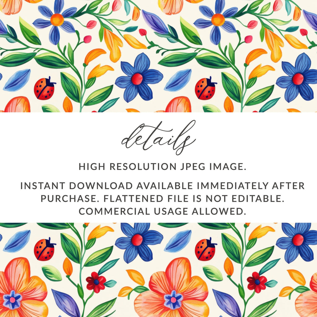 Folk Art Mexican Floral Pattern Colorful Garden Flowers & Ladybugs Seamless Pattern Digital Download - Moore and Mountain