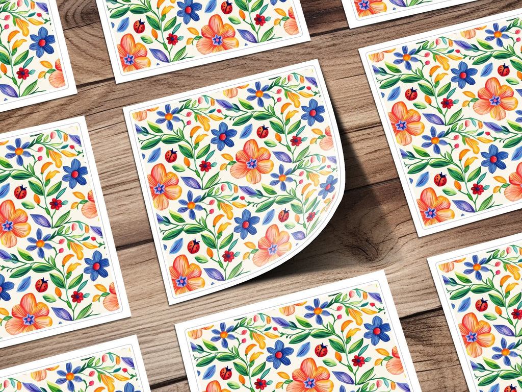 Folk Art Mexican Floral Pattern Colorful Garden Flowers & Ladybugs Seamless Pattern Digital Download - Moore and Mountain