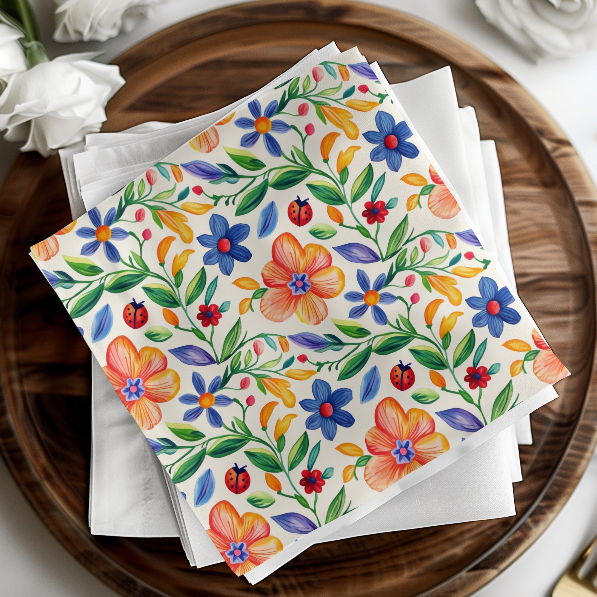 Folk Art Mexican Floral Pattern Colorful Garden Flowers & Ladybugs Seamless Pattern Digital Download - Moore and Mountain