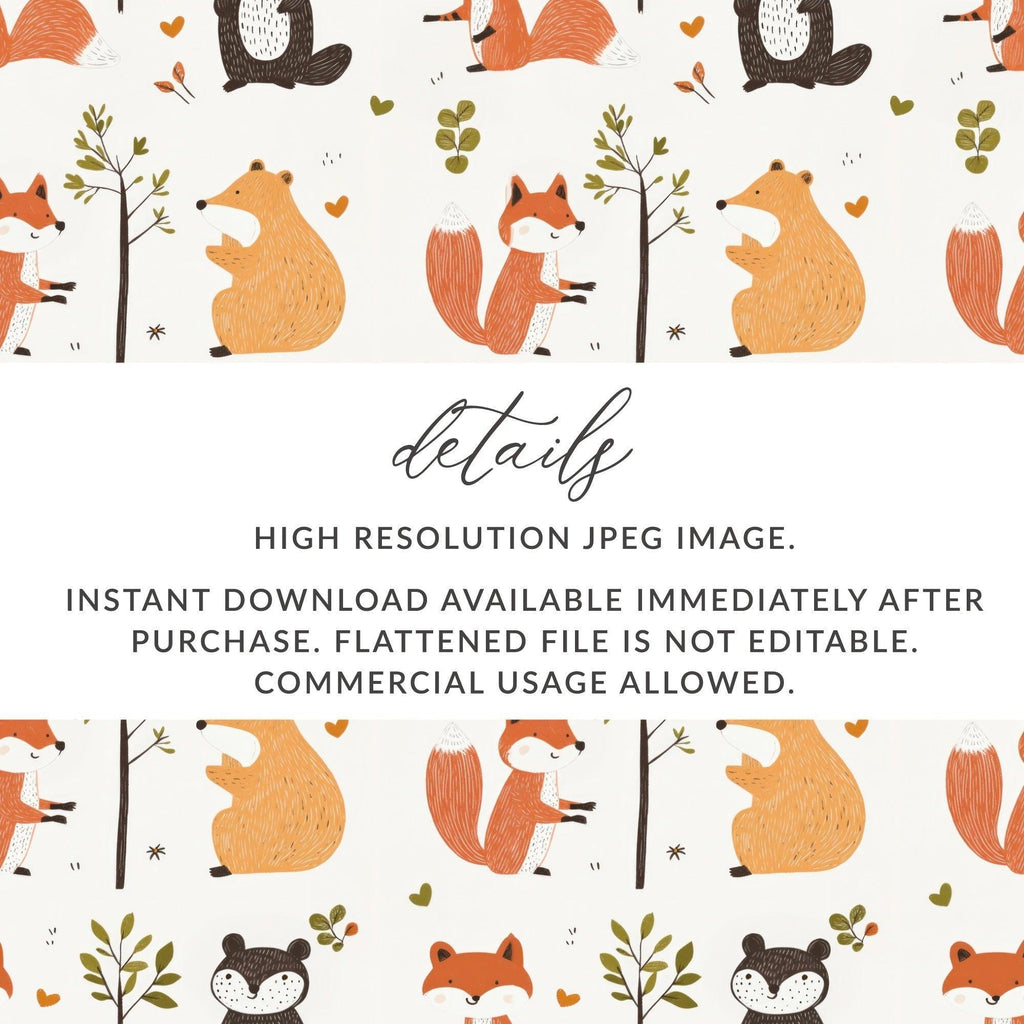 Forest Friends Digital Pattern, Seamless Animal Pattern, Fox, Bear, Beaver Digital Paper, Woodland Pattern, 12x12 JPEG, Two Scales, Digital - Moore and Mountain
