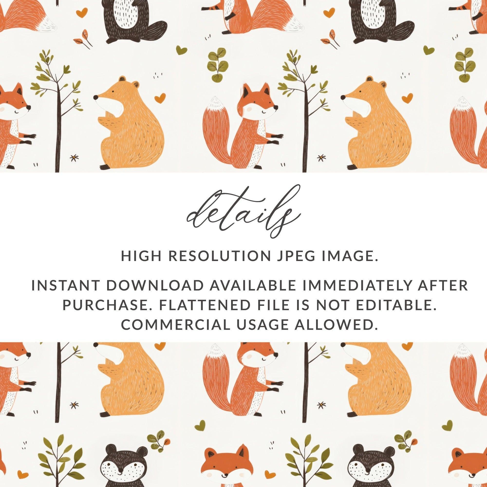 Forest Friends Digital Pattern, Seamless Animal Pattern, Fox, Bear, Beaver Digital Paper, Woodland Pattern, 12x12 JPEG, Two Scales, Digital - Moore and Mountain