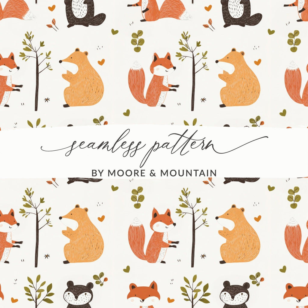 Forest Friends Digital Pattern, Seamless Animal Pattern, Fox, Bear, Beaver Digital Paper, Woodland Pattern, 12x12 JPEG, Two Scales, Digital - Moore and Mountain