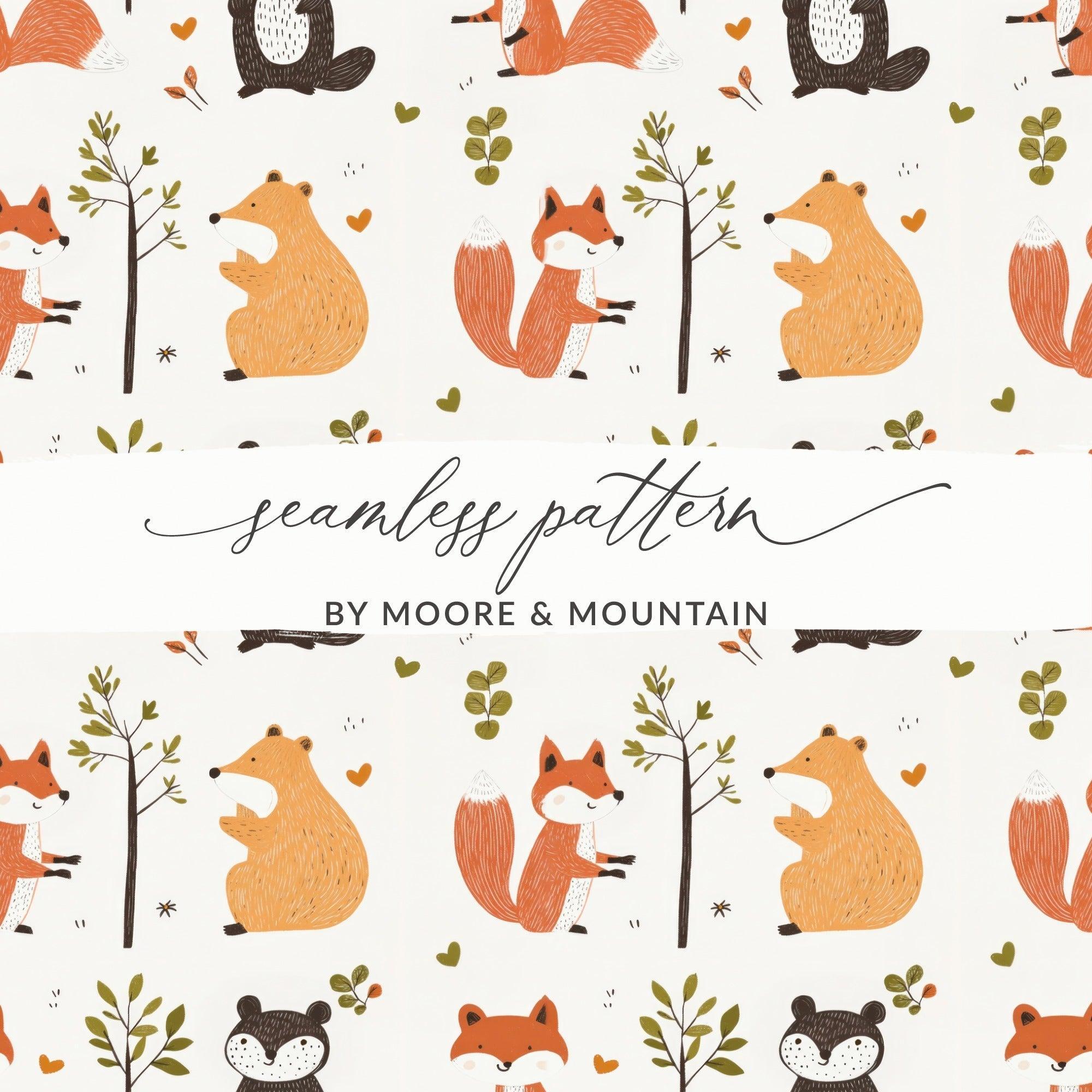 Forest Friends Digital Pattern, Seamless Animal Pattern, Fox, Bear, Beaver Digital Paper, Woodland Pattern, 12x12 JPEG, Two Scales, Digital - Moore and Mountain