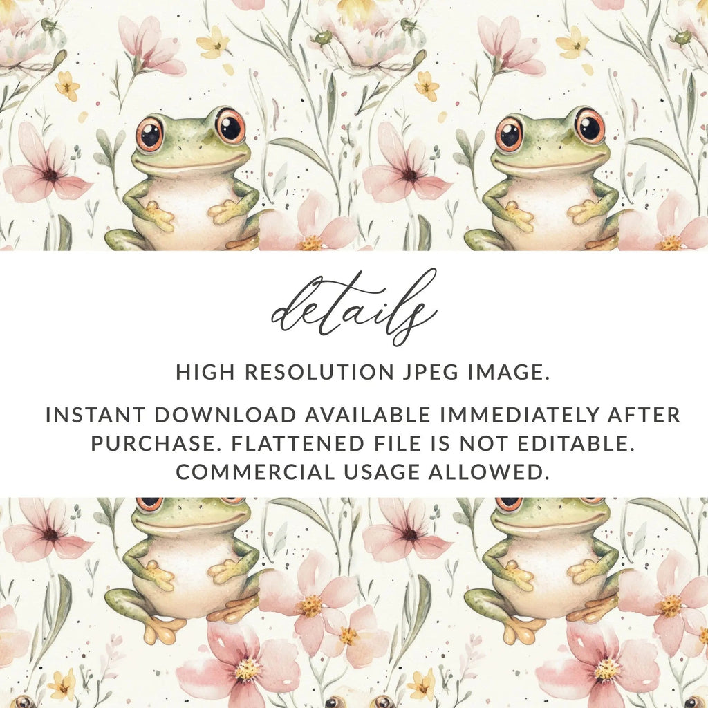 Frog Seamless Pattern, Watercolor Floral Digital Paper, Repeating Froggy Design, Cute Frog Artwork, Flower Background, Digital - Moore and Mountain