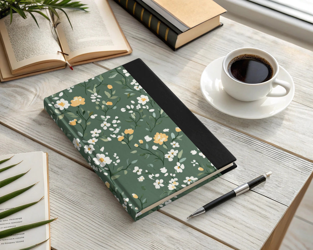 Floral Green and Black Hard Cover Journal Notebook
