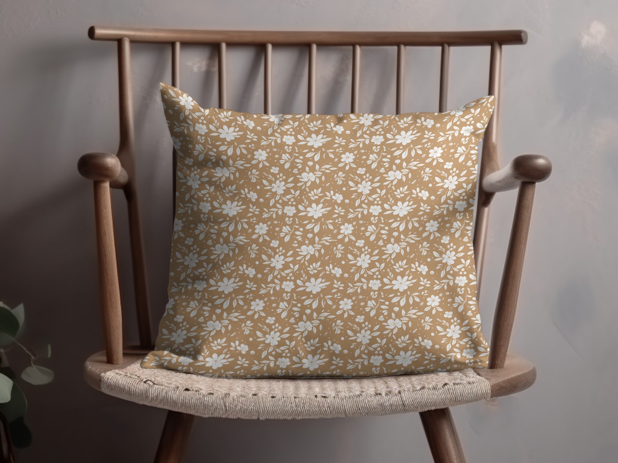 White Floral Pattern on Beige Decorative Pillow