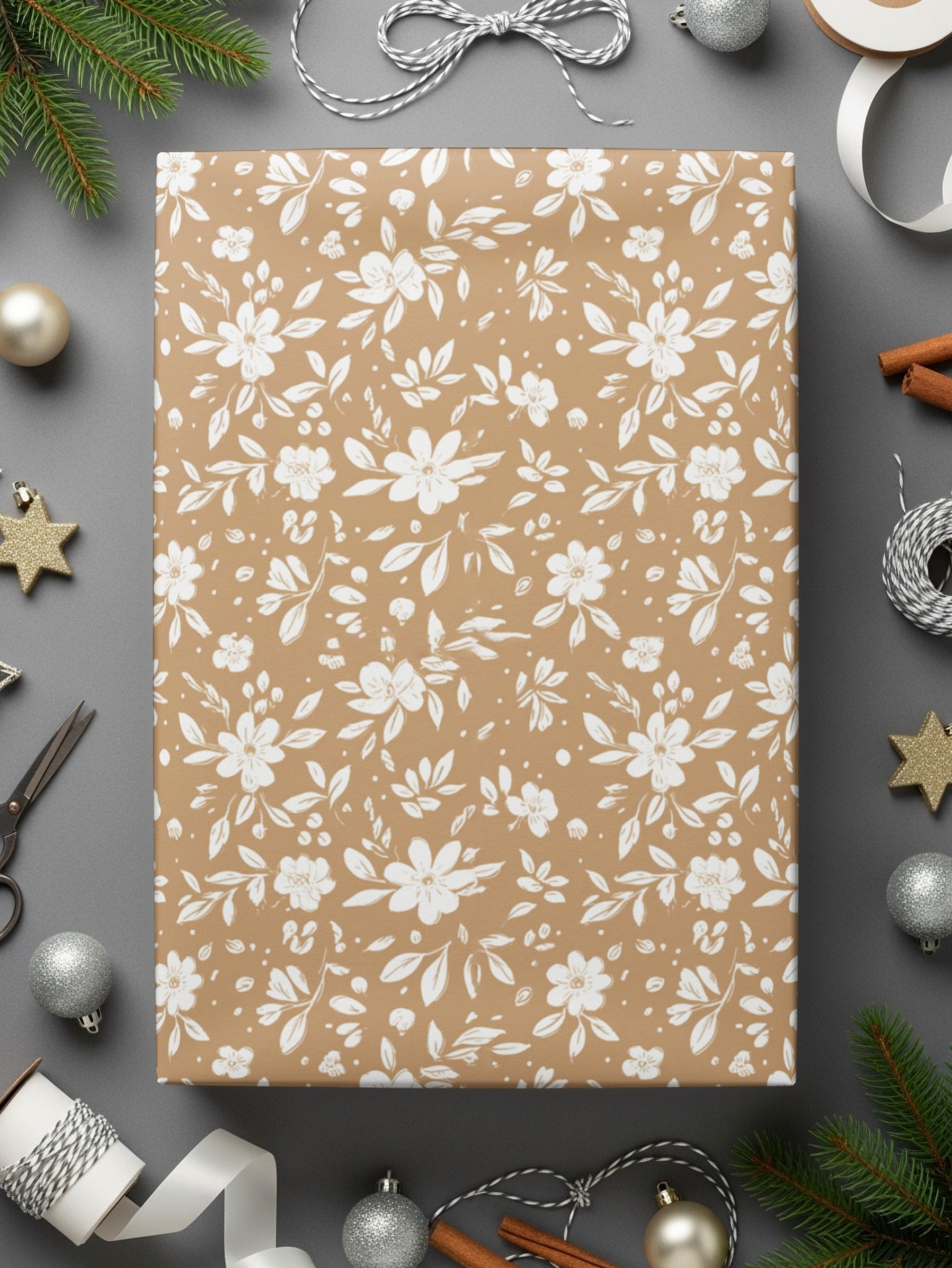 Elegant Floral Patterned Tan Christmas Gift Wrap