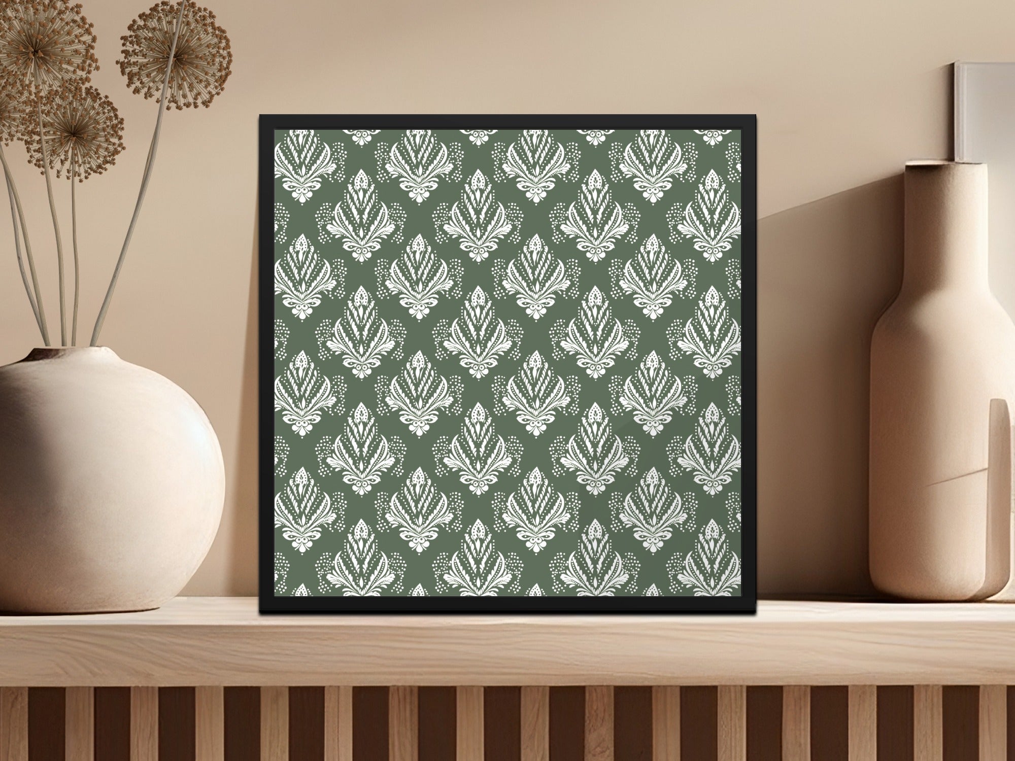 Botanical Pattern in Green and White Framed Art Decor