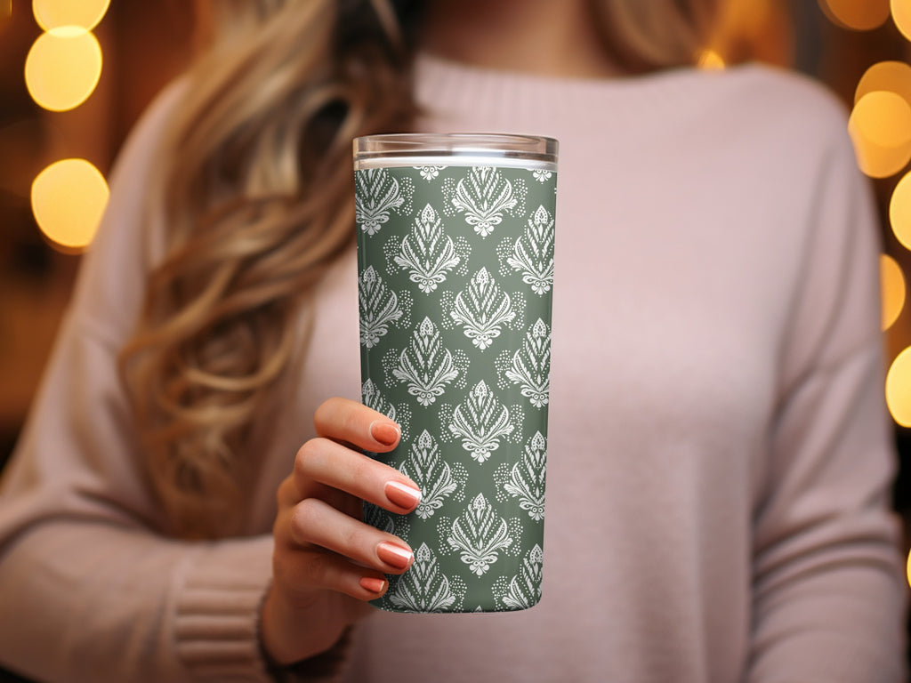 Elegant Green and White Patterned Tumbler