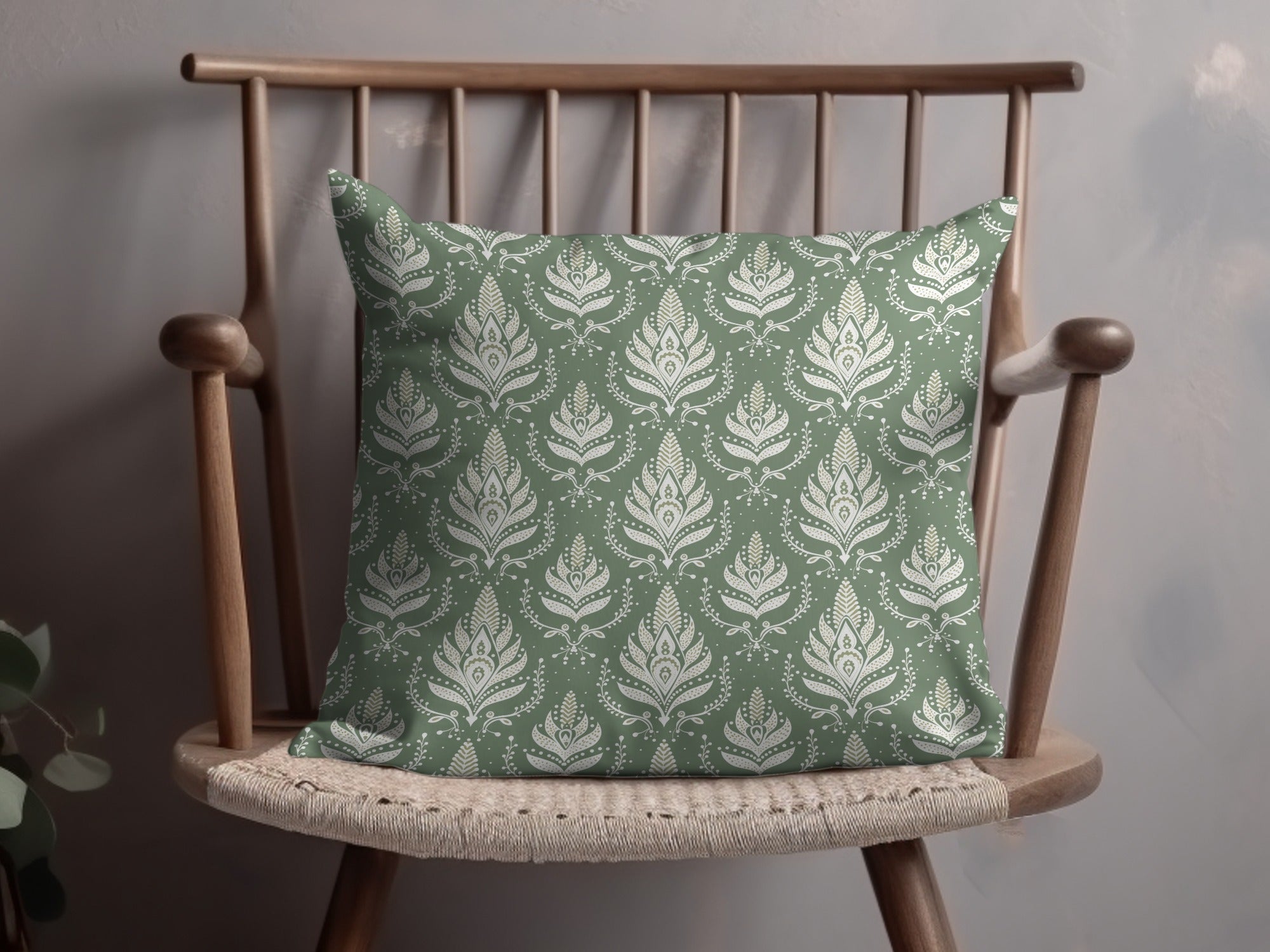 Elegant Green Decorative Cushion with Floral Pattern