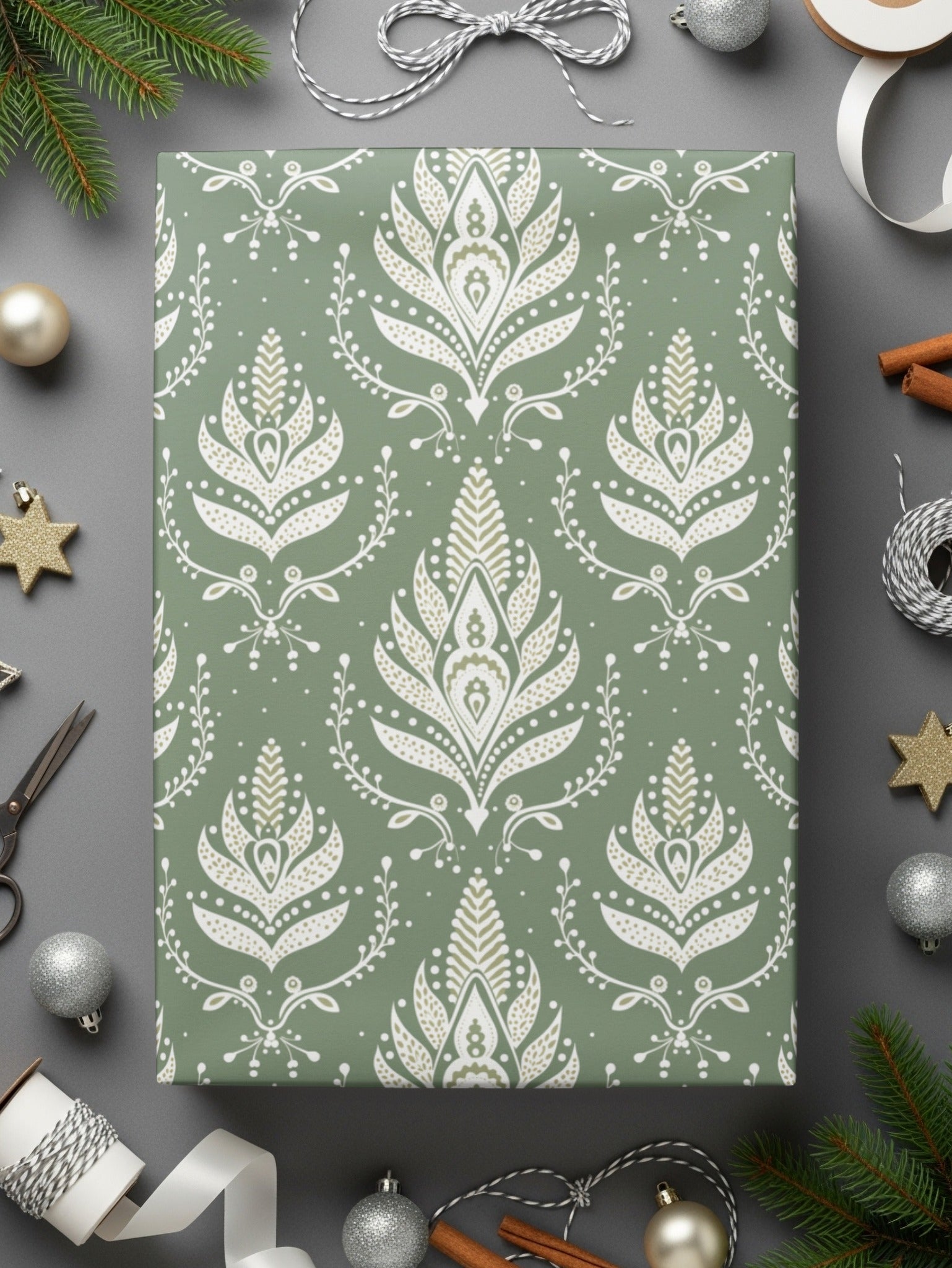 Elegant Floral Green Holiday Gift Wrapping Paper