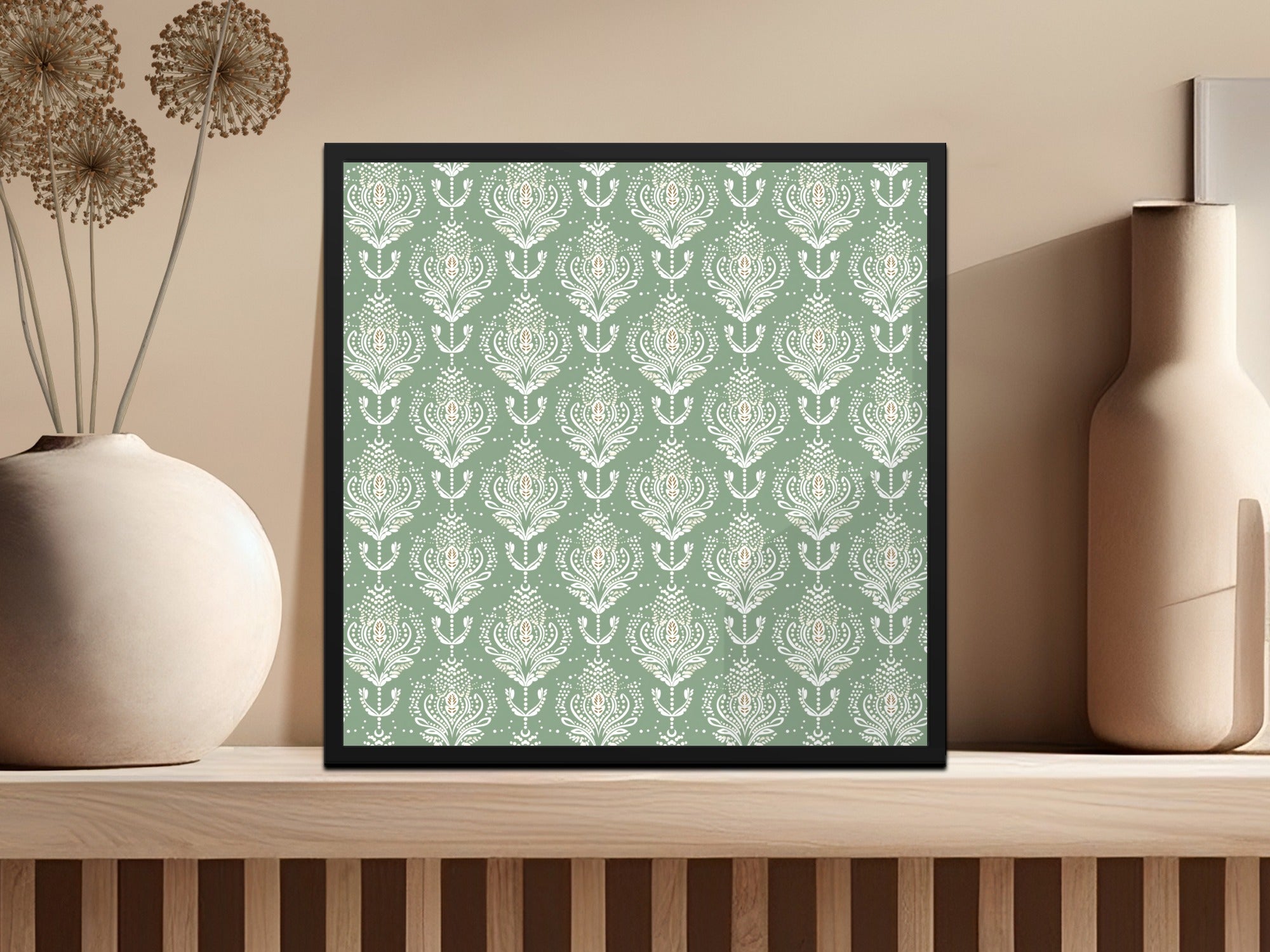 Elegant Green Floral Pattern Framed Art Print