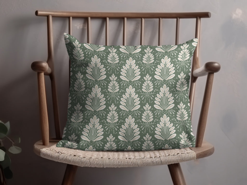 Green Cushion with White Leaf Patterns Pillow