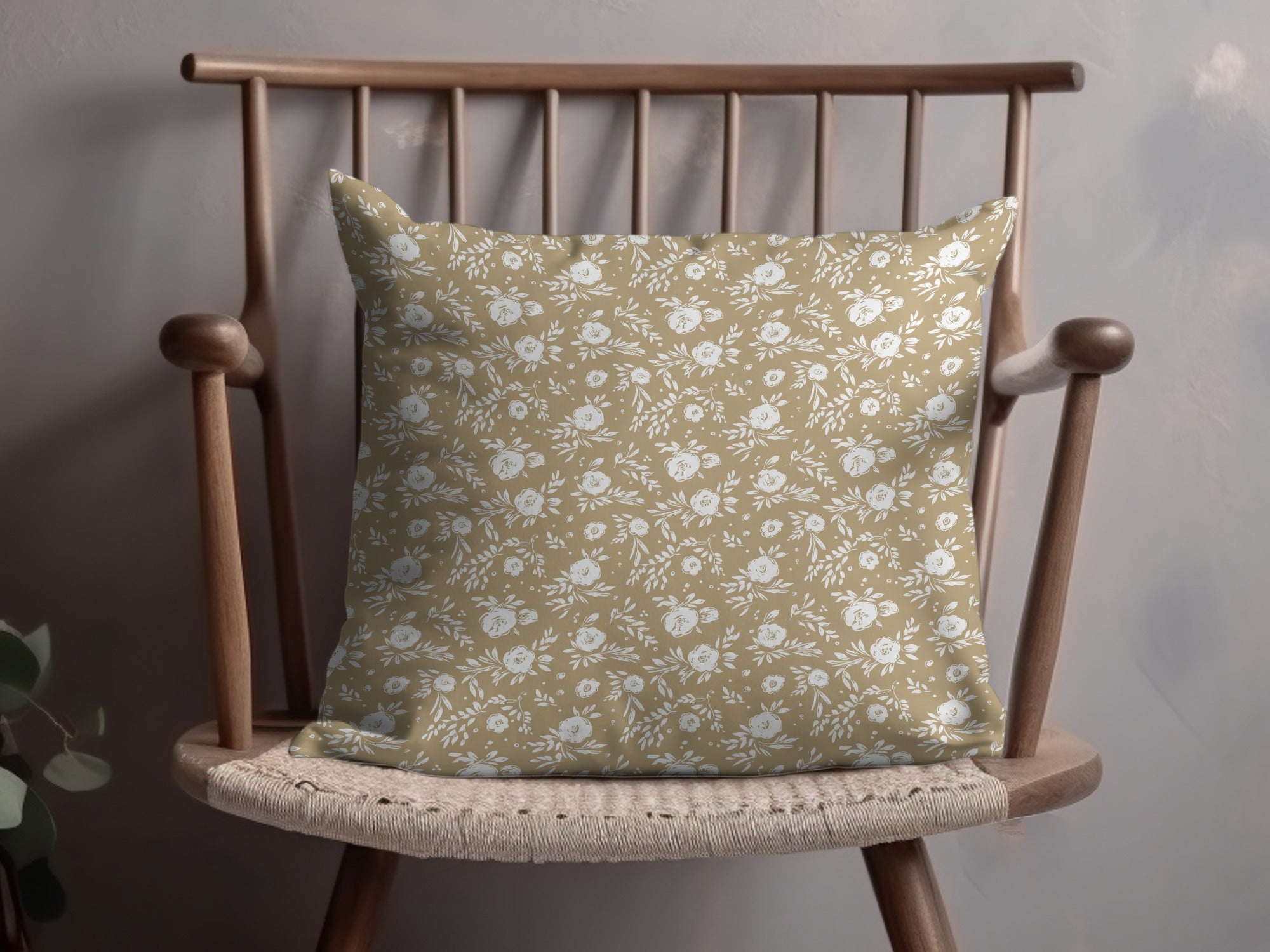 Beige and White Floral Pattern Decorative Pillow