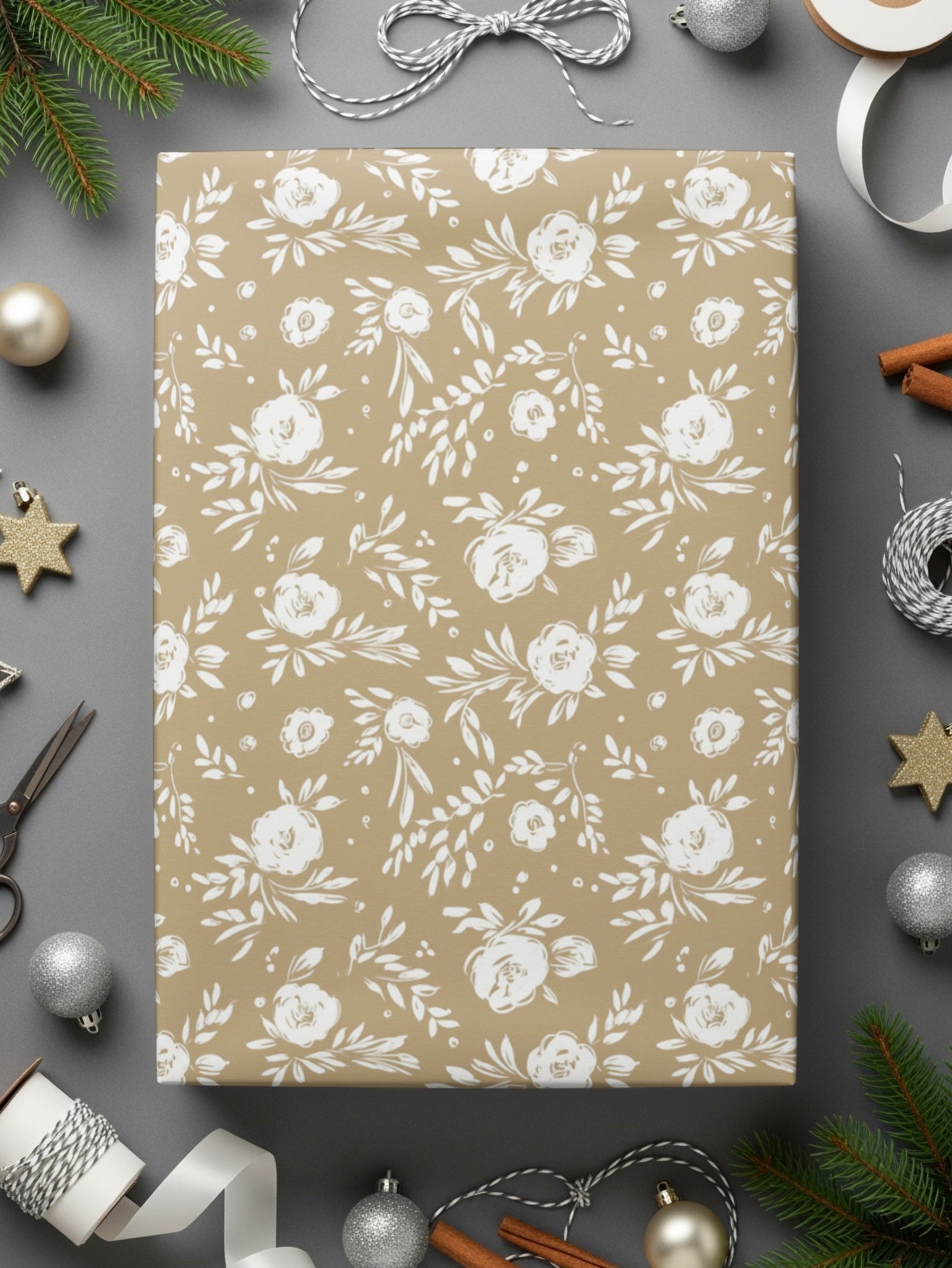 Elegant White Floral Pattern on Beige Wrapping Paper