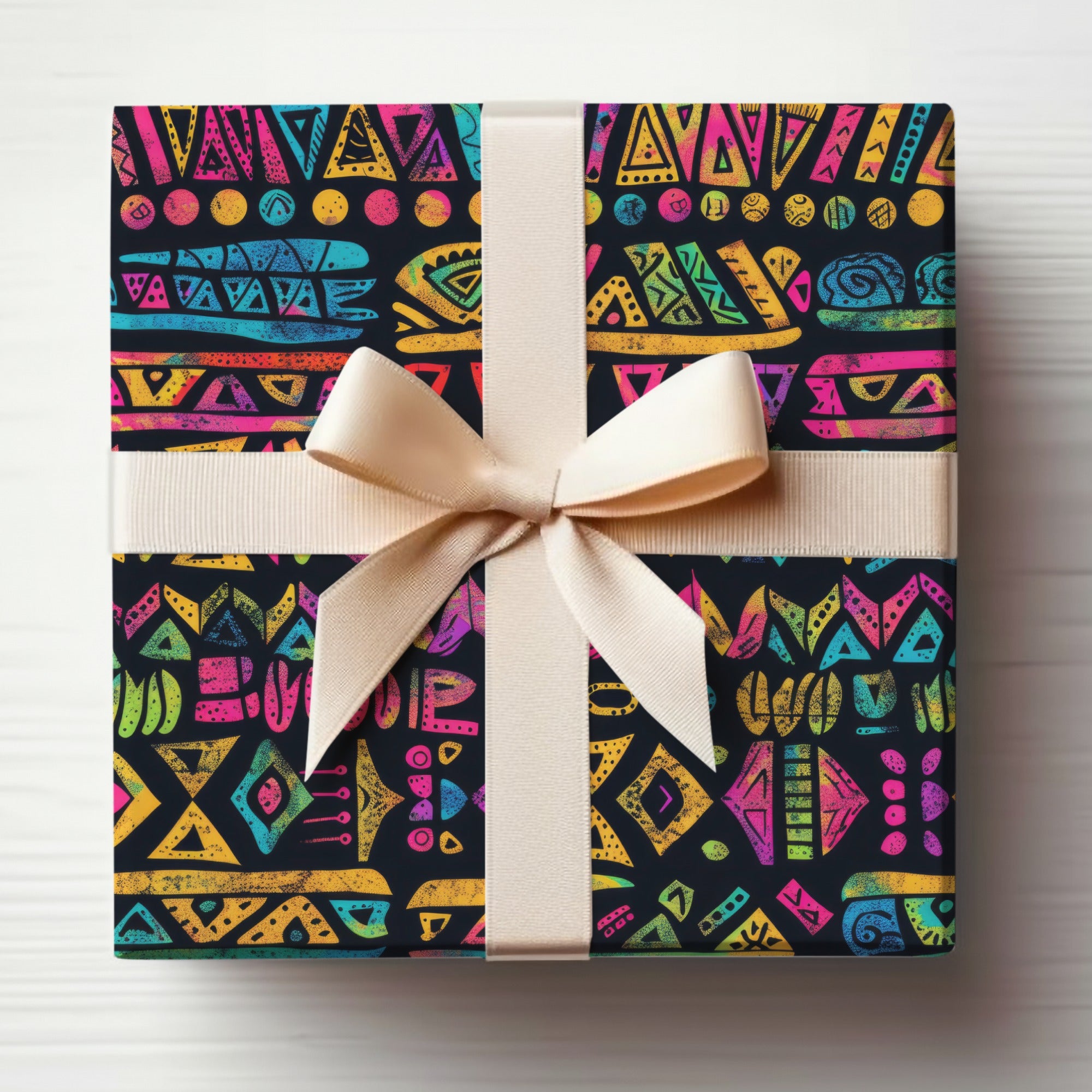Vibrant Patterned Gift Box with Beige Ribbon for Gifts