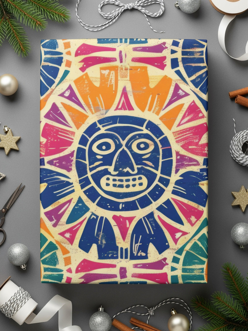 Colorful Tribal Sun Art Design Festive Wrapping Paper