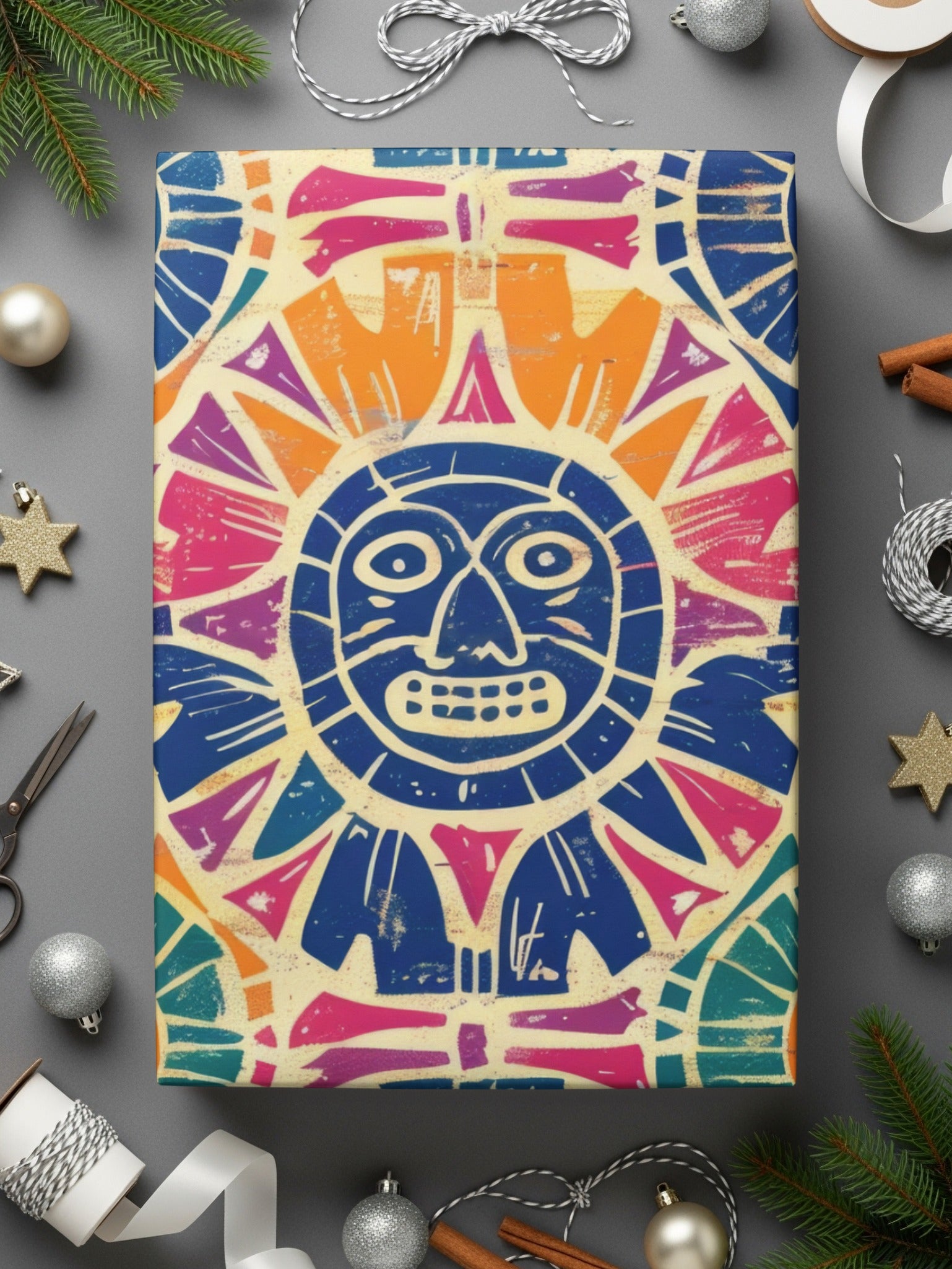 Colorful Tribal Sun Art Design Festive Wrapping Paper