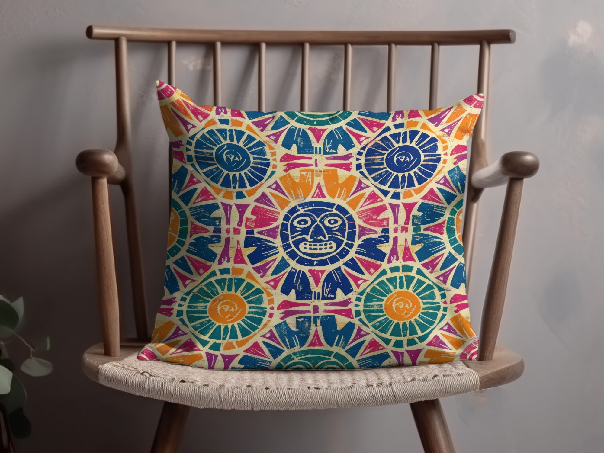 Colorful Sun Face and Geometric Pattern Pillow