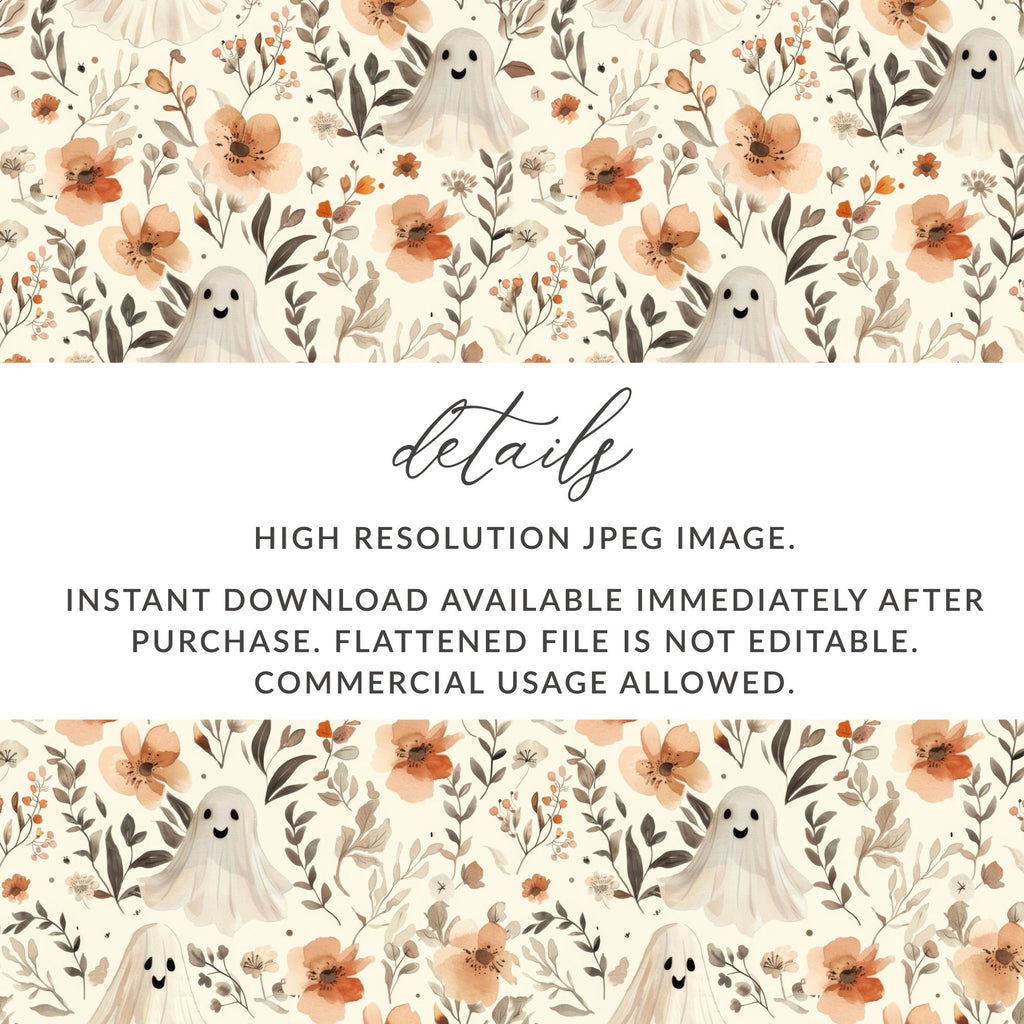 Ghost Floral Seamless Pattern Digital Paper, Spooky Cute Fall, Watercolor Texture Background, Halloween Paper Pack, Commercial Use - Moore and Mountain